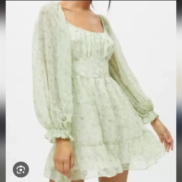 Urban Outfitters Kiss The Sky Flowy Ruffle Sheer Long Sleeve Tiered Sage Dress L - Picture 1 of 8